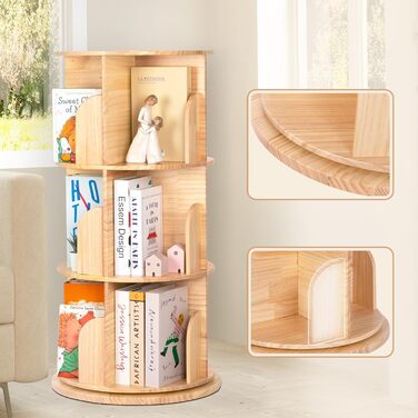 Обертова дитяча книжкова полиця OOOK з масиву дерева, 3-рівнева дитяча книжкова полиця з можливістю обертання на 360 градусів для дітей та дорослих, багатофункціональна дерев&39яна дитяча книжкова полиця для дитячої ігрової кімнати, 3 яруси