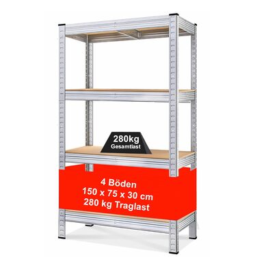 Полиця, міцна металева полиця для підвалу, надміцна полиця, полиця для зберігання, що вставляється в розетку, легко збирається, оцинкована, 4 полиці розміром 150 x 75 x 30 см, вантажопідйомність 280 кг 1 полиця - 150 x 75 x 30 см, 1