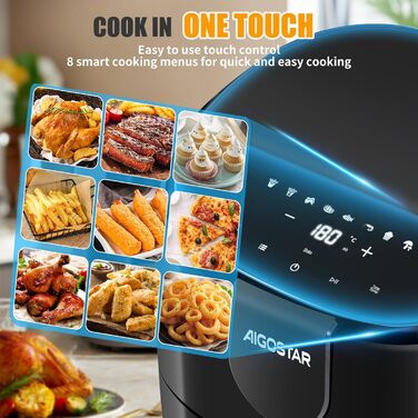 Аерофритюрниця Aigostar Hayden X 4 л, 9 програм аерофритюрниці 1500 Вт, світлодіодний сенсорний екран, таймер на 60 хвилин, інтелектуальне попереднє нагрівання, функція попереднього нагрівання та нагадування про струс, безмасляна фритюрниця, без бісфенолу