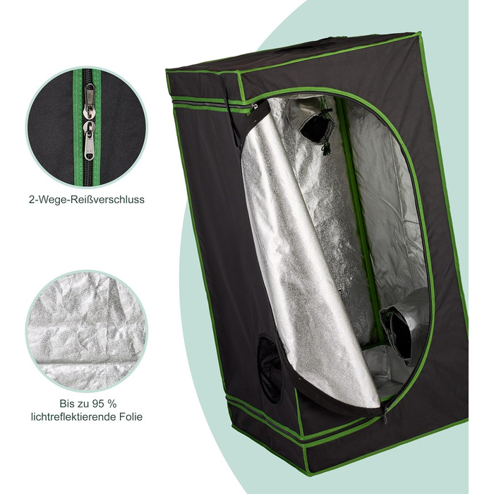Розплідник для рослин Relaxdays Growzelt, 120x60x60 см, з відбиваючою внутрішньою плівкою, світлонепроникний, для вирощування в приміщенні, чорний/зелений