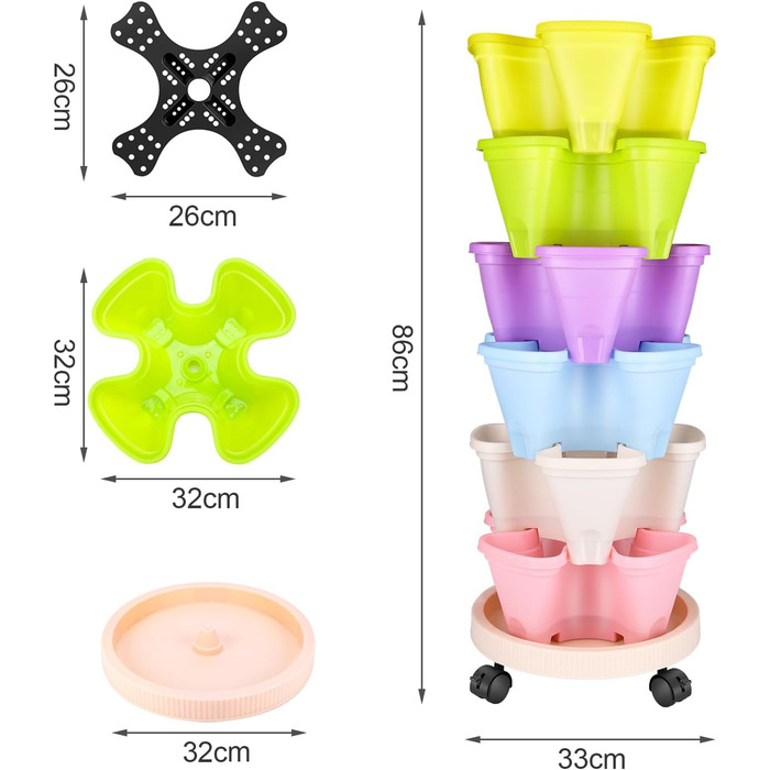 Вежа для рослин WADEO з горщиками, що штабелюються, вертикальний сад з 6 ярусами, горщик для полуниці, трав, квітів та овочів, що штабелюється, економія місця до 12 рослин (різнокольоровий)