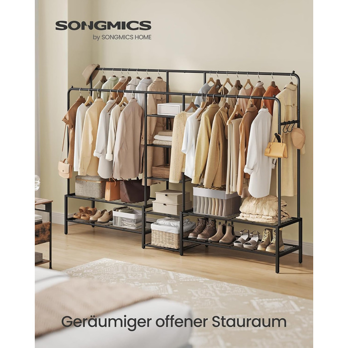Вішалка для одягу SONGMICS, Відкрита шафа, Вішалка для пальто з 9 полицями, Металевий каркас, Штанга для одягу, для спальні, вітальні, вхідної зони, Чорний HSR183B01 Чорний 195W см