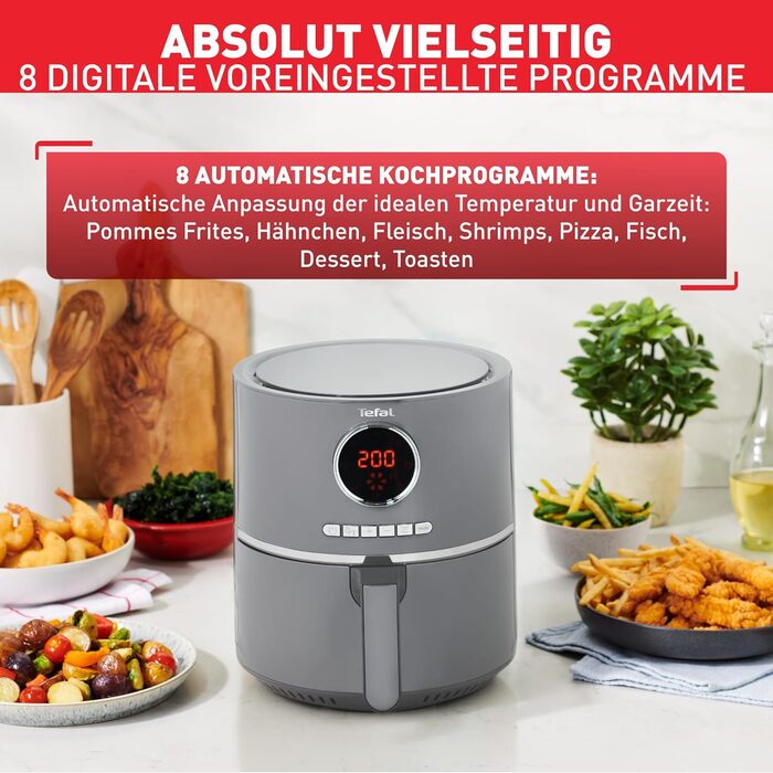 Аерофритюрниця Tefal EY111B Ultra Fry Аерофритюрниця, Смаження, Гриль, Випічка, 1,2 кг для 6 осіб, 8 програм приготування, Цифровий дисплей, енергозберігаюча, здорова фритюрниця без олії, Сірий