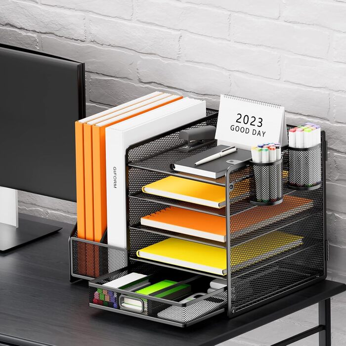 Настільний органайзер з тримачами для файлів, 5-рівневий органайзер для паперів з шухлядою та 2 тримачами для ручок, сітчастий настільний органайзер для файлів з тримачем для журналів для офісу, 5-рівневий настільний органайзер, чорний, з шухлядою та 2 тр