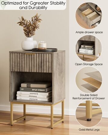 Тумбочка з шухлядою, бічний столик шириною 40 см з великим відділенням, сучасна тумбочка для спальні, вітальні або офісу (40 x 30 x 60 см, сіре заливне покриття) 40 x 30 x 60 см Сіре заливне покриття