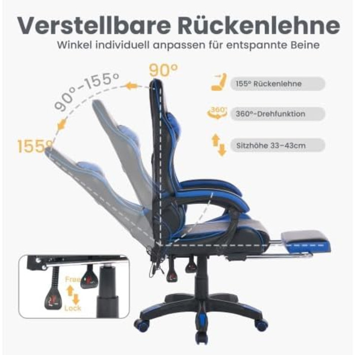 Геймерське крісло з функцією масажу та підставкою для ніг - Ергономічне офісне крісло з опорою для голови та попереку, регулювання висоти, поворот на 360, вантажопідйомність 150 кг, гоночний дизайн, чорний/синій, 116,5 x 52,0 x 64,5 см