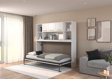 Меблі Rauch Albero, ліжко, настінне ліжко, поперечно розкладне ліжко, компактне настінне ліжко з каркасом ліжка, полицею та рейковою основою, спальна зона 90x200 см, колір білий, ручки з масиву дуба, 214x197x44 см