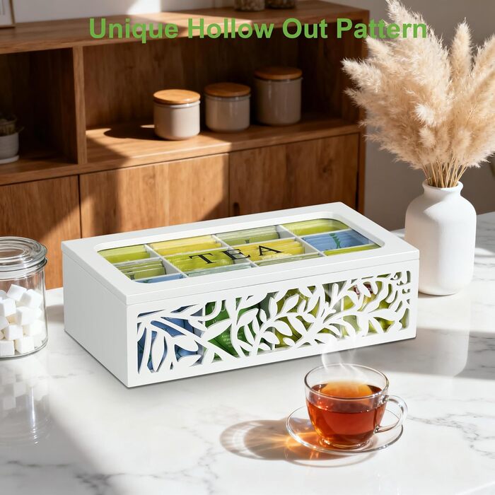 Чайна коробка, коробка для чайних пакетиків, перфорована дерев&39яна коробка для зберігання чаю з 12 відділеннями, контейнер для зберігання зі скляною стінкою та кришкою (білий) - чайна скринька для чайних пакетиків, цукру, кавових капсул
