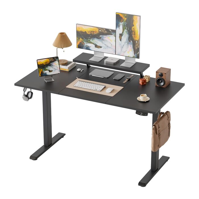Стіл Klicelor з регульованою висотою та рухомою підставкою для монітора, 140x60 см, стіл для роботи сидячи/стоячи з 2 кнопками пам&39яті, 3-секційна стільниця, комп&39ютерний стіл, чорний 140 x 60 см