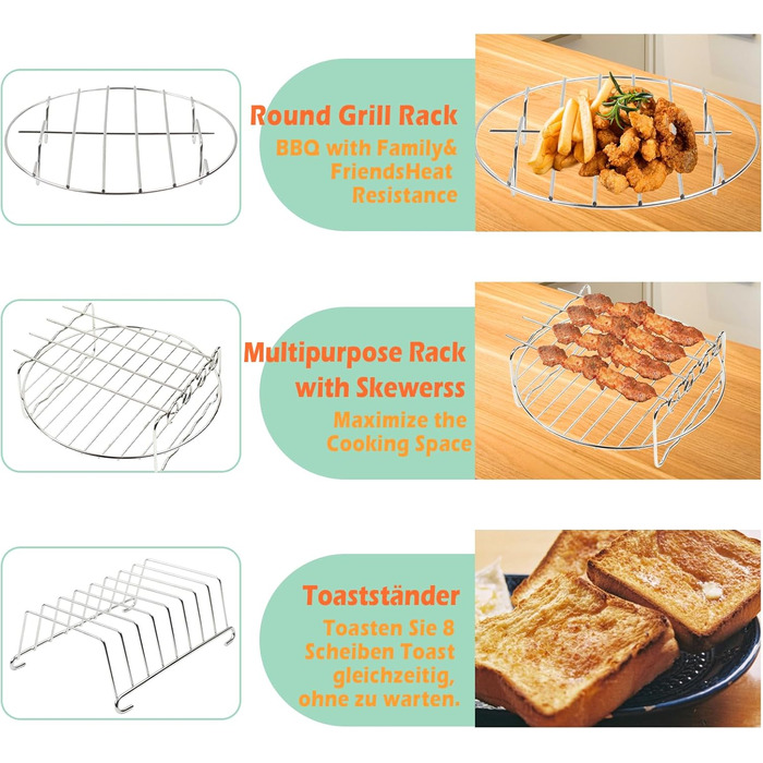 Аксесуари для фритюрниці MaxEarn 14 шт. , Набір аксесуарів для фритюрниці 8 дюймів з кухонним кошиком, формою для піци, тримачем для шампура, аксесуарами для фритюрниці Аерофритюрниці для ніндзя Philips Cosori Princess XL 5.5 л фритюрниці 14 предметів