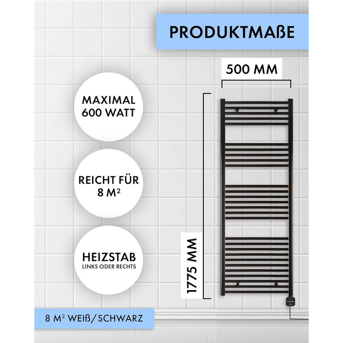 Електричний радіатор для ванної кімнати anapont WiFi та Bluetooth Радіатор для рушників, IPx5, повністю зібраний Атмосфера та комфорт у ванній кімнаті (з таймером, 1775x500) З таймером 1775x500