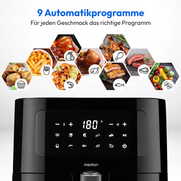 Аерофритюрниця MEDION E40 XL (5,2 л, 2150 Вт, 9 автопрограм, функція випікання, фритюр без олії, сенсорна панель, LED-дисплей, MD 11740) чорна