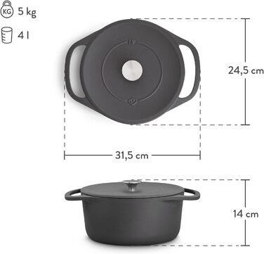 Кокотниця з кришкою - чавунна каструля-жаровня для запіканки індукційна - 24 см кругла, 4 л - сіра. 24 см сіра