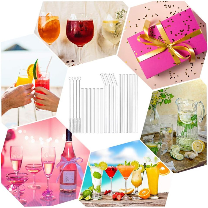 Скляні соломинки AOTWAN багаторазові 20 шт. скляних соломинок, 6 коротких 6 довгих прямих скляних соломинок, 4 вигнуті скляні соло