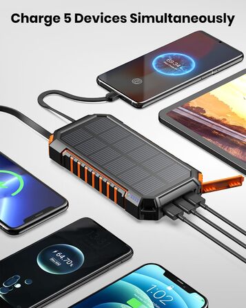 Портативний сонячний зарядний пристрій Riapow Solar Powerbank 27000mAh з 3 інтегрованими кабелями, сонячна батарея USB C з 3 виходами Зовнішня батарея зі світлодіодним ліхтариком, на відкритому повітрі, кемпінг для смартфонів, планшетів, помаранчевий і чо