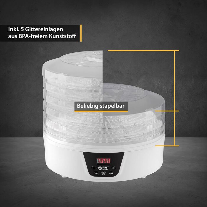 Дегідратор TZS First Austria Дегідратор для фруктів, трав, грибів і м'яса цифровий з таймером і регулятором температури 35-70C 5 рівнів, полиці з інкрустацією без бісфенолу А, дегідратор з таймером