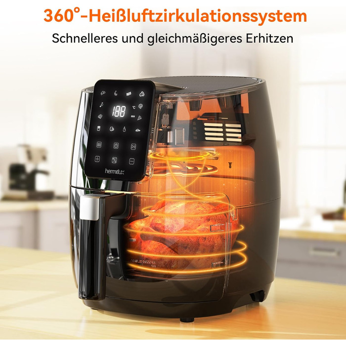 Фритюрниця Hermitlux 5.5 л XXL, 10 програм фритюрниці з цифровим світлодіодним сенсорним екраном, фритюрниця з гарячим повітрям без олії, попередній нагрів і підтримання тепла, з рецептом, 1500 Вт можна мити в посудомийній машині