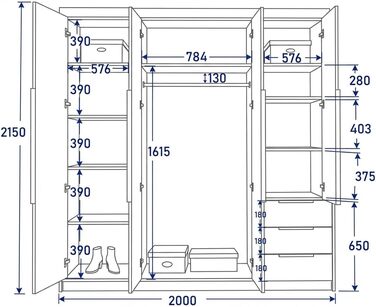 Шафа, 4-дверна з 3 шухлядами 200 x 215 см Шафа з відкидними дверима, рейкою для одягу та полицями, колір K. білий/T. sonoma/S. sonoma