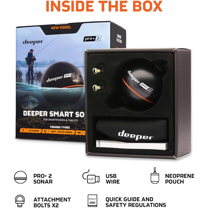 Ехолот для ехолота Deeper Smart Sonar Pro 2 із вимірювачем глибини та GPS-передавачем Риболовля на байдарці, човні або підлідна з безкоштовним додатком