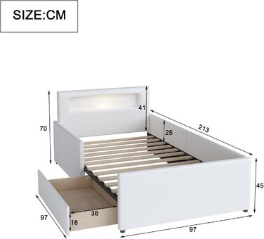Молодіжне ліжко Dolaman Modern 90x200 см м'яке ліжко з основою, ліжко з рейковою рамою та місцем для зберігання, м'яке узголів'я з