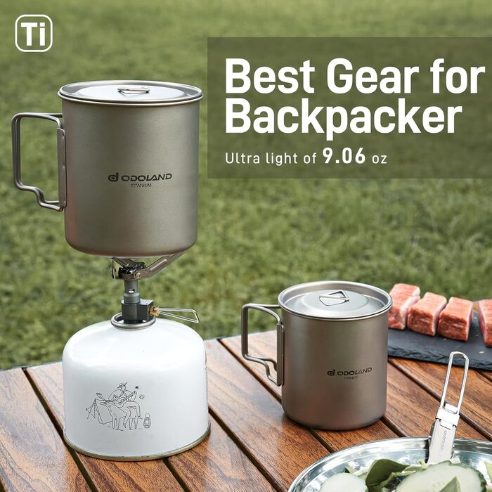 Титановий кемпінговий посуд Odoland, кемпінгова плита 750 мл та 420 мл титанові чашки, кемпінгова титанова кавова чашка з кришкою та спаркою, складна ручка для кемпінгу, походів, подорожей
