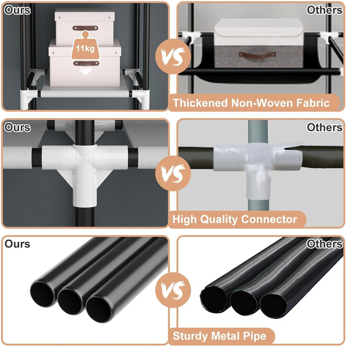 Велика тканинна шафа з 2 рейками для одягу та 8 полицями, складна шафа з кришкою, переносна шафа для гардеробної/спальні (сіра, 124 x 42 x 162 см)