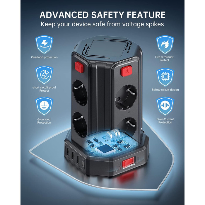 Подовжувач з 4 USB, Sameriver 8 відсіків з декількома розетками, захист від перенапруги, розетка з вимикачем, подовжувач 3M, розет