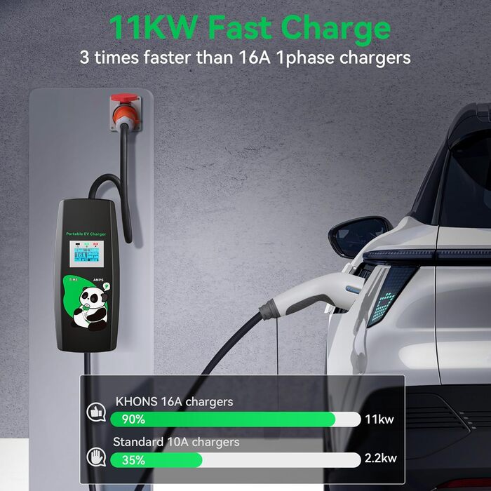 Зарядний кабель KHONS тип 2 з вилкою CEE 5 метрів 6-16А 3 фази 11кВт IP65 Мобільна зарядна станція для настінних коробок за станда