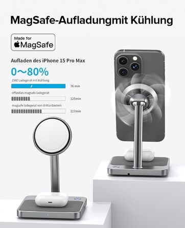 Зарядний пристрій ZIKE 2-в-1 з MagSafe, бездротова зарядна підставка для iPhone 15 Вт з охолодженням, швидка зарядка з охолодження