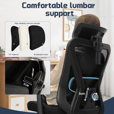 Ергономічне офісне крісло, робоче крісло з регульованою поперековою опорою для тривалого сидіння, функцією нахилу спинки (трирівневий механізм блокування) та регулюванням висоти, обертове крісло, сітчасте крісло, чорне офісне крісло