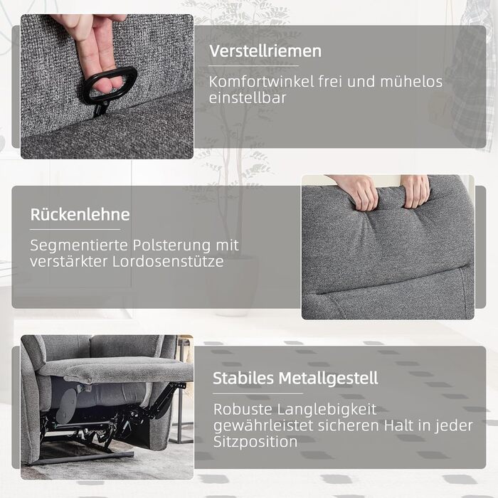 Крісло для телевізора EBELLO з функцією відкидання, регульоване ручне відкидання, одне відкидне крісло, вантажопідйомність до 150 кг, для вітальні/спальні, темно-сірий 1 темно-сірий