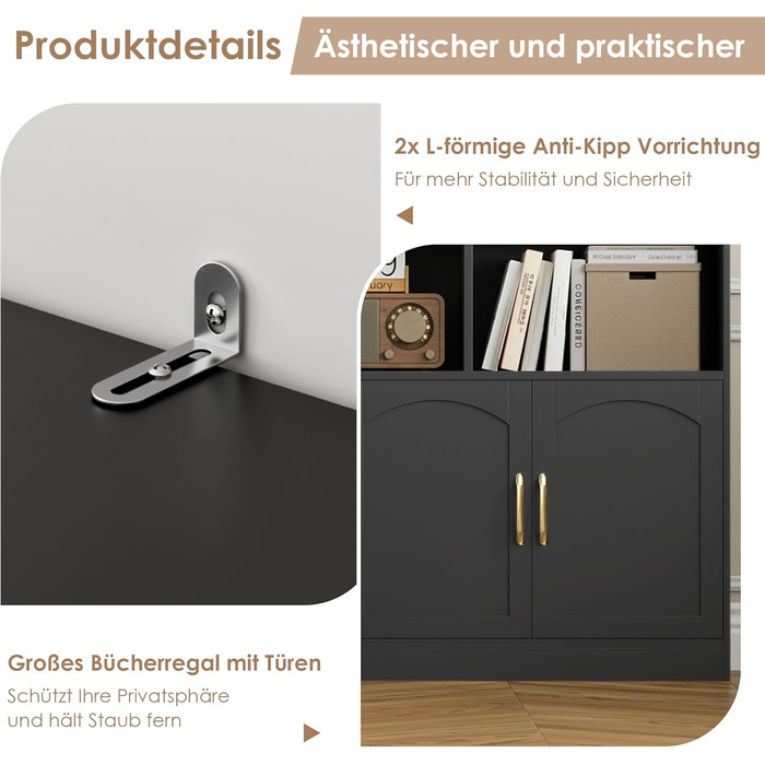 Книжкова шафа FirFurd 209 см з дверцятами, книжкова шафа з 15 відділеннями, вітрина, висока шафа, дерев&39яна багатофункціональна шафа, велика для вітальні, кабінету, кухні, 150 x 23,7 x 209 см, чорна