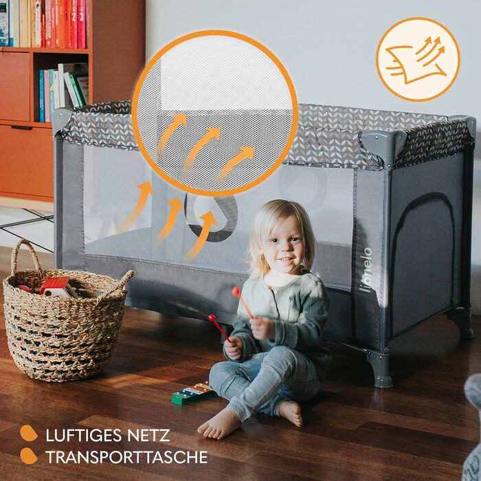 Дитяче ліжечко Lionelo Stefi, дорожнє ліжечко від народження до 15 кг, бічний вхід, система безпеки LockGuard, блокування коліс, сумка для перенесення, складне, синьо-сіре