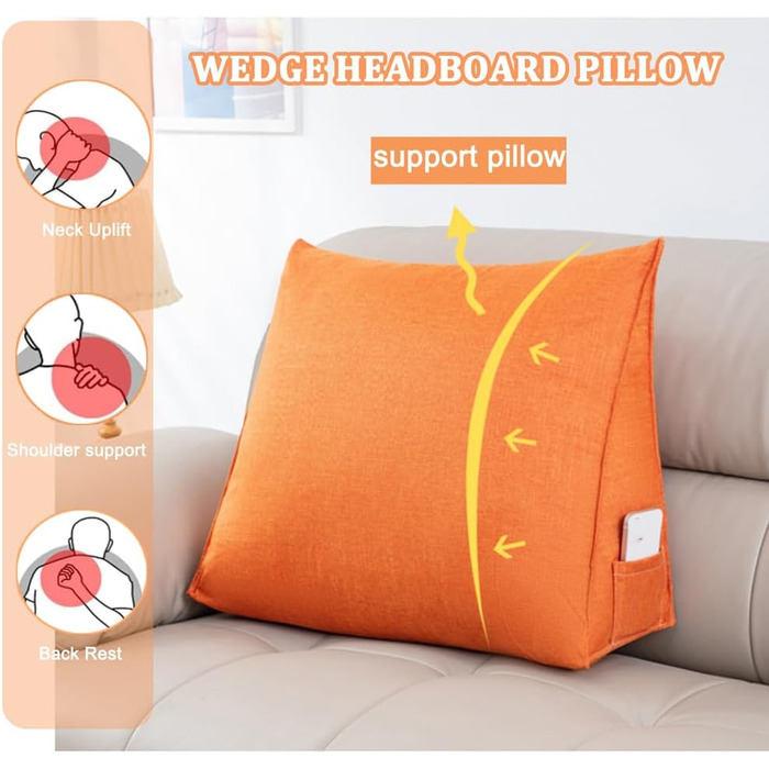 Універсальна ергономічна клиноподібна подушка 60 см, подушка для спинки дивана, поперекова подушка для ліжка, подушка для узголів&39я, трикутна подушка для книги, опорна подушка, зручна подушка для читання з чохлом, що прається, для ліжка/дивана, світло-з