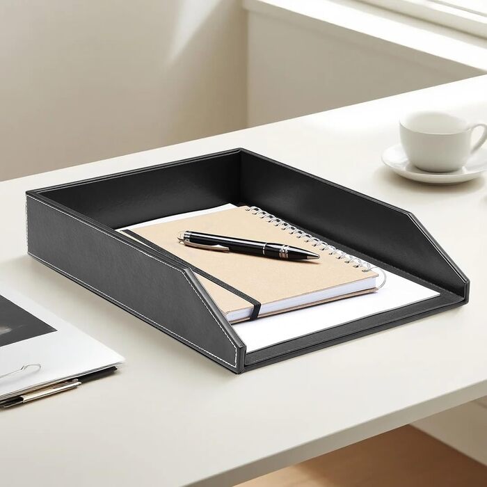 Штабелювані шкіряні лотки для документів, штабелювані лотки для листів формату А4, комплект з 2 шт. , для офісу, дому та школи, чорні.