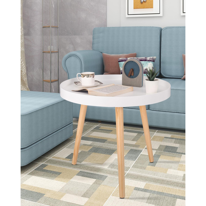 Невеликий круглий бічний столик, журнальний столик, підставка для рослин, тумбочка, масив дерева, скандинавський дизайн, білий, 50 x 44 см (діаметр x висота), TS143ws