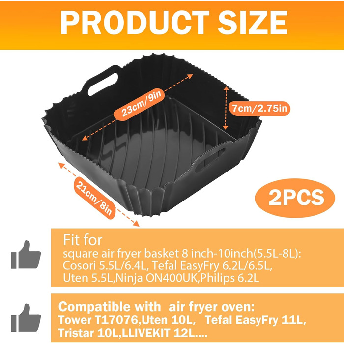 Аерофритюрниця Hivio з силіконовою формою для фритюрниці Cosori 5.5 л xxl/6.4 л, 2 шт. 22 см аксесуари для фритюрниці багаторазова мультипіч силіконова форма для мультипечі Philips XXL/Ninja Speedi