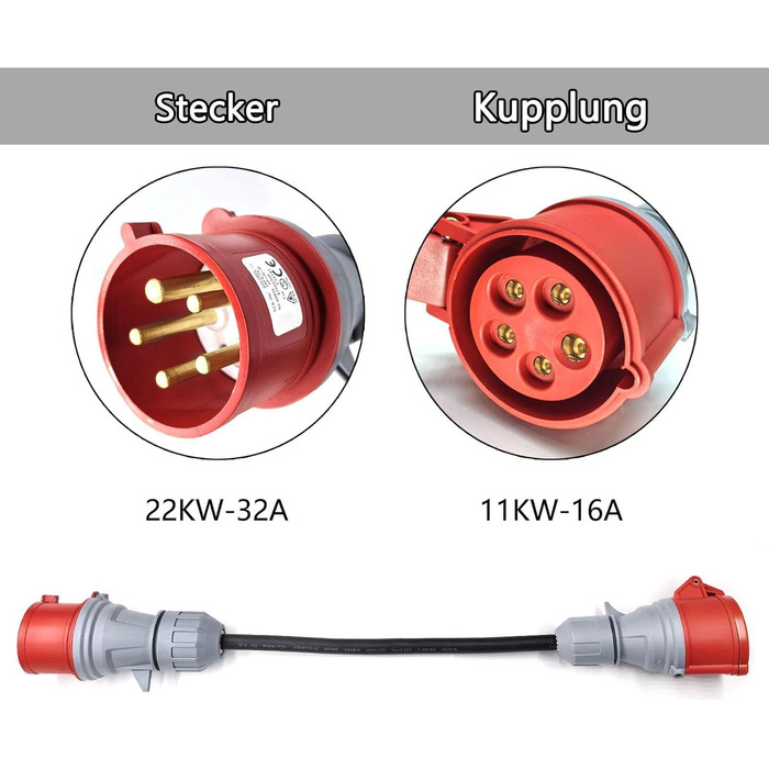 Перехідник CEE з вилки 32A на розетку 16A із захисною кришкою, 3-фазний 5-контактний роз&39єм CEE для зарядного пристрою електромобілів, промисловий P34542