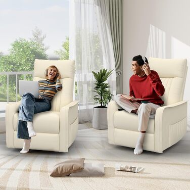 Крісло для телевізора, масажне крісло з функцією відкидання, крісло для релаксації з підігрівом та масажем, крісло для телевізора з поворотом на 360 для вітальні, крісло-гойдалка з м&39яким підголівником, 2 бічні кишені, ПУ кремово-білий колір