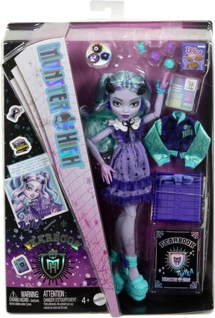 Набір ляльки Monster High Fearbook Twyla та аксесуарів з темою кіноклубу, студентською курткою, щорічником, настільною грою та печивом, HXW31 Лялька Twyla Журнал жахів