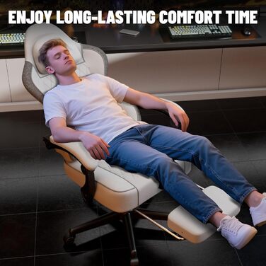 Ігрове крісло Soontrans з масажною поперековою опорою, м&39яке ігрове крісло, ергономічне ігрове крісло з підставкою для ніг, бавовна, регульована спинка 90-160, ігрове крісло (біле), суміш бавовни та льону, білий