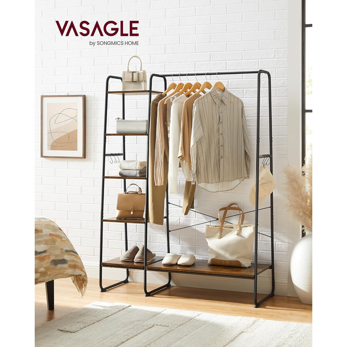 Вішалка для одягу, шафа-підставка, 45 x 120 x 160 см Шафа з рейкою для одягу, полиця для взуття, відкрита шафа, 6 знімних гачків, спальня, коридор, вінтажний коричнево-чорний RGR116B01 Рустикально-коричневий чорний
