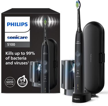 Електрична зубна щітка Philips Sonicare ProtectiveClean 5100, звукова зубна щітка з 3 режимами чищення, датчик тиску, таймер, дорожній футляр, ультрафіолетовий очищувач, чорний, модель HX6850/57 з ручкою та дезінфікуючим засобом