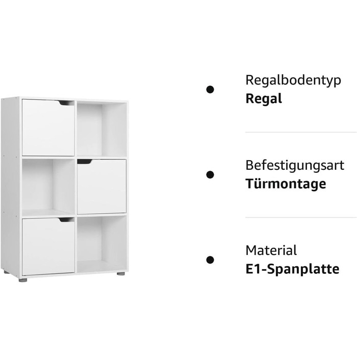 Книжкова полиця WOLTU, для кабінету, спальні та вітальні, книжкова шафа з 3 дверцятами та 6 відділеннями, полиця для зберігання, 59,6 x 91 x 29 см (Ш x В x Г) 6 кубічних дюймов (29Ш x 59,6Д x 91В см) Біла