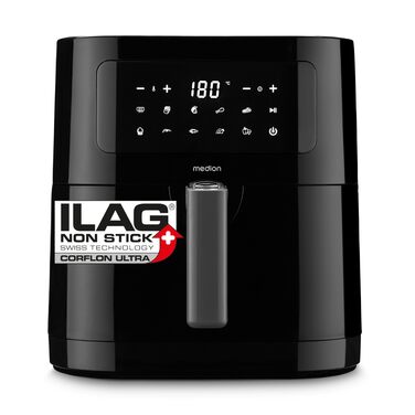 Аерофритюрниця MEDION E40 XL (5,2 л, 2150 Вт, 9 автопрограм, функція випікання, фритюр без олії, сенсорна панель, LED-дисплей, MD 11740) чорна