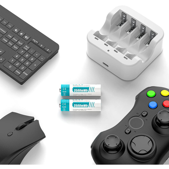 Акумуляторні літієві батарейки типу АА 1,5 В - Висока ємність 3500 мВтгод - 1300 циклів зарядки - 4 шт. з зарядним пристроєм з РК-дисплеєм, швидка зарядка за 2 години, низький саморозряд (білі) 4 шт. зарядний пристрій з РК-дисплеєм, білий