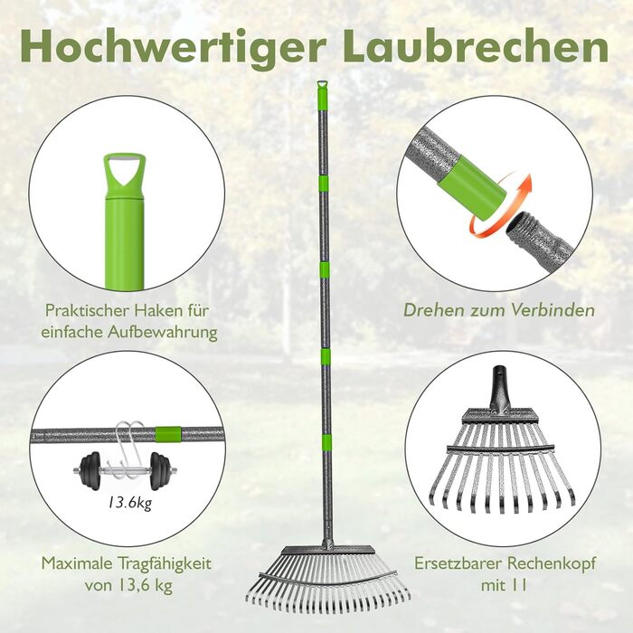 Садовий віяловий граблі Rechen Garten, 2511 зубців, металевий, з регульованою ручкою (70-185 см), для важкого листя, граблі для листя, трави та ґрунту, у комплекті з 2 парами рукавичок