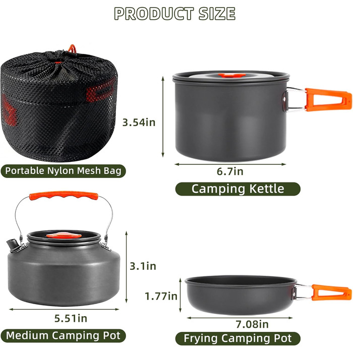 Набір посуду для кемпінгу/вуличного приготування їжі aiGear Портативний алюмінієвий кемпінговий горщик з сумкою для зберігання для кемпінгу, походів, пікніків на свіжому повітрі, помаранчевий - 3 шт.