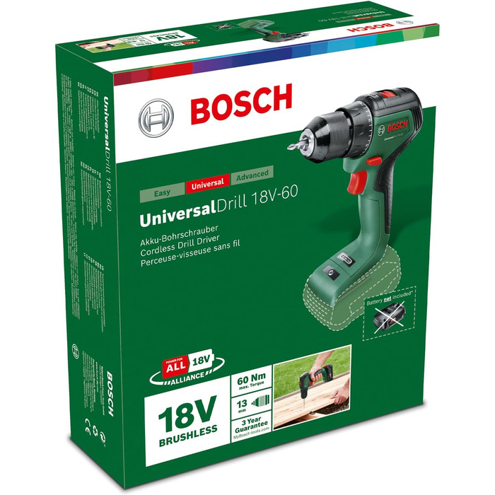 Дім і сад Bosch UniversalDrill 18V-60 акумуляторний дриль-шуруповерт (без акумулятора, 18 В, в коробці) чорний