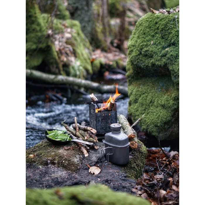 Набір титанових фляг iBasingo, найлегший військовий посуд, пляшка для води на 1100 мл, каструля на 750 мл та 400 мл з кришкою, підвісний сталевий трос та камуфляжна сумка, посуд для кемпінгу, походів на природі Ti2049C